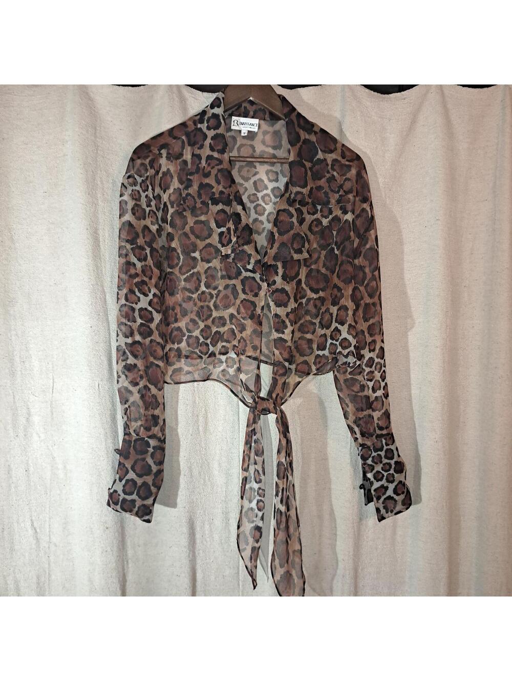 Renaissance Sheer Leopard Print Tie-Front Blouse